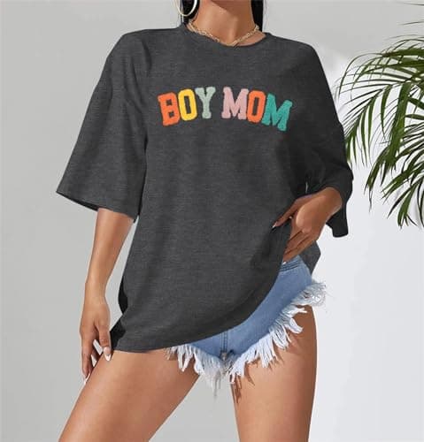 Oversized Mama Tshirt Women Boy Mom Shirt Mom Lift T-Shirt Gift for Mom Glitter Patch Shirt Causal Crew Neck Tops Dark Grey - Thumbnail 4