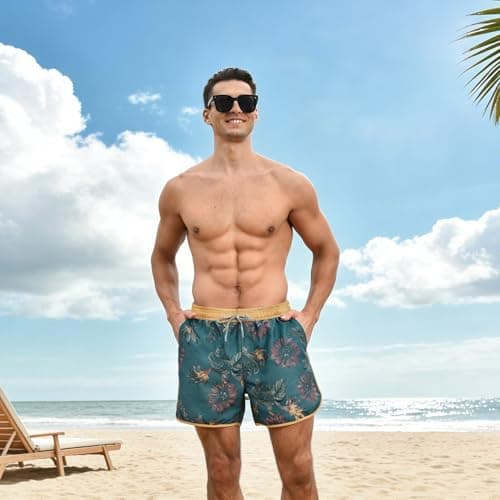 Ipletix Mens Swim Trunks 80s 90s Vintage Short with Mesh Lining Quick Dry Beach Swim Suits Board Shorts Green L - Thumbnail 3