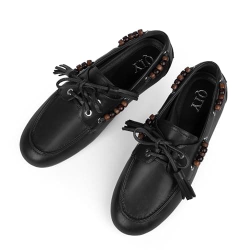 QIY Black Penny Loafers for Women Slip on Fringe Beaded Moccasins Flats Dressy Lace up Driving Loafers Comfortable Lightweight Office Casual Wear Flats Size 7.5 - Thumbnail 5