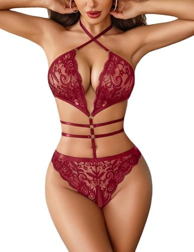 Avidlove Womens Lingerie Sexy Halter Lace Cut Out One Piece Teddy Bodysuit for Anniversary Wine Red S - Image 1