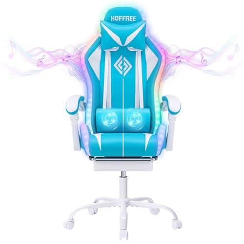 HOFFREE RGB Gaming Chair with Speakers Massage Computer Gaming Chair with LED Lights and Footrest High Back Video Game Chair for Adults Light Blue and White