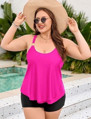 ZAFUL Plus Size Flowy Tankini Swimsuits for Women Two Piece Bathing Suit Ruffle Tankini Top with High Waisted Swim Shorts Rose 2XL - Thumbnail 4