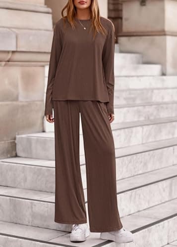 KIRUNDO Spring 2 Piece Lounge Sets for Women Long Sleeve Ribbed Knit Tops Wide Leg Pants Matching Travel Outfits Postpartum(Brown, X-Large) - Thumbnail 5