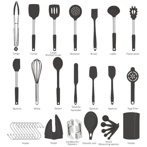Silicone Kitchen Cooking Utensils Set with Stainless Steel Handle, Spatula Set Utensil Set, Cooking Utensil Set,Kitchen Tools Gadgets for Nonstick Cookware (35, Black) - Thumbnail 4