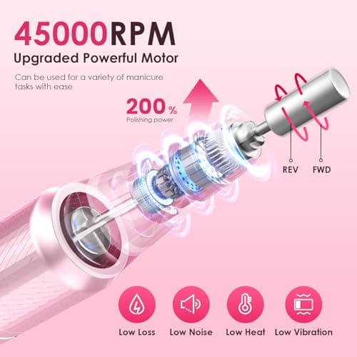 HELIVIVE Professional Electric Nail Drill 45000RPM (Portable & Rechargeable) (with 11 Drill Bits ) Cordless Nail File Machine for Shaping, Polishing & Removing Gel Nails for Salon Home (Pink) - Thumbnail 2
