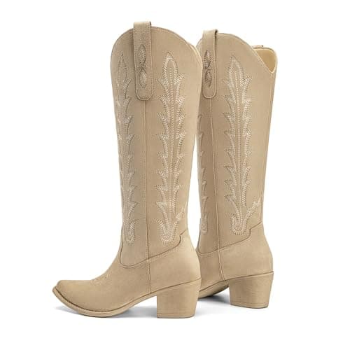 Athlefit Western Cowboy Boots for Women Knee High Cowgirl Comfortable Pull On Block Heel Pointed Toe Embroidered Camel Suede Tall Boots for Travel Walking Camel Suede Size 10 - Thumbnail 6