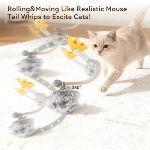 Migipaws Interactive MigiMouse Cat Toy 360° Rolling & Spin with Wiggling Tail for Indoor Cats Smart Motion Sensor, Realistic Squeak, Rechargeable Plush Kitten Toy(Grey Long) - Thumbnail 2