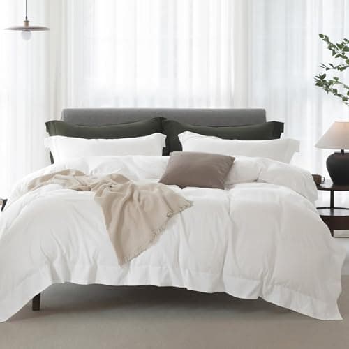 ELIMMO Cooling Twin Duvet Cover Set-100% Washed Cotton with Chic Wide Trim Design Linen Like Textured Ultra Soft Cozy Bedding with Zipper Closure(Hemmed Off White,Twin/Twin XL 68"x90") - Image 1