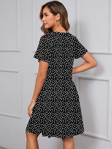 Heymoments Women Short Sleeve Dress Floral Print Medium Crew Neck Casual Flowy Cute Below Knee Sundress Comfy Shirt Teachers Summer Travel 2025 Novelty Boho Dresses with Pockets - Thumbnail 5