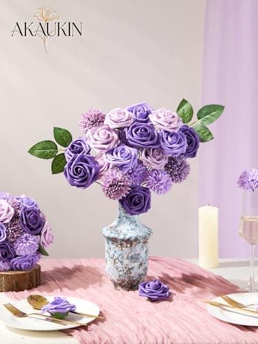 Purple Artificial Flowers Combo, Fake Silk Dahlia Roses, Chrysanthemum Ball with Stems for Wedding Bridal Bouquets, Baby Shower, Party, Table Centerpieces, Home Decor & DIY Floral Arrangements - Thumbnail 2