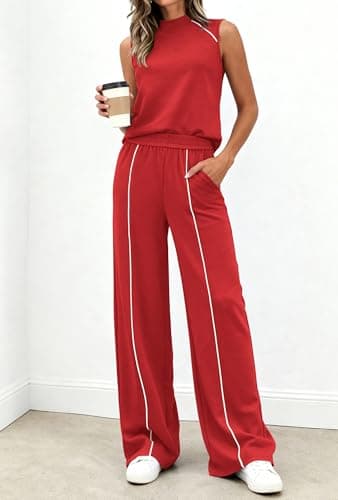 BTFBM Womens 2 Piece Lounge Set 2026 Striped Travel Outfits Sweatsuit Mock Neck Tank Top Wide Leg Pants Casual Activewear(Red, Large) - Thumbnail 2