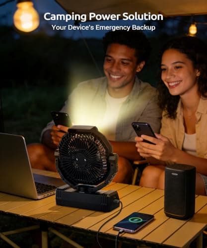 KopBeau Portable Camping Fan with Lights, 20000mAh Rechargeable Battery Operated Fan, Battery Powered Outdoor Beach Tent with 4 Speeds & Hook, Personal USB Table for Camping Accessories - Thumbnail 4