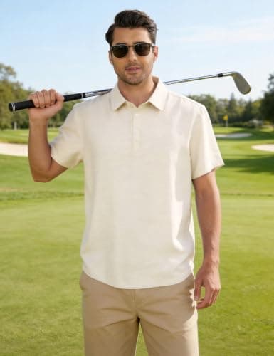 Eisctnd Men's Polo Shirts Short Sleeve Linen Blend Golf Collared T-Shirt for Summer Wedding Beach Vacation Business Casual(Beige-L) - Thumbnail 3