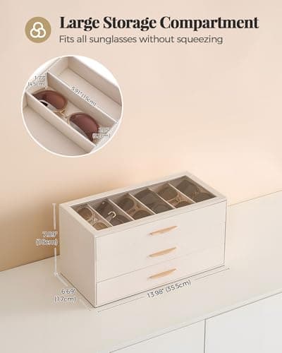 Lolalet 18 Slots Sunglasses Organizer Case for Women, 3-Layer Eyeglass Storage Holder Display Box with Clear Top Lid, Mothers Day Gifts -Cream - Thumbnail 6