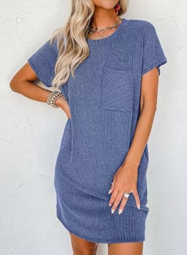 Acelitt Womens Casual Summer Dress 2026 Fashion Crewneck Short Sleeve Trendy Loose Vacation Beach Ribbed Shift Shirt Mini Dresses Blue Large - Thumbnail 2