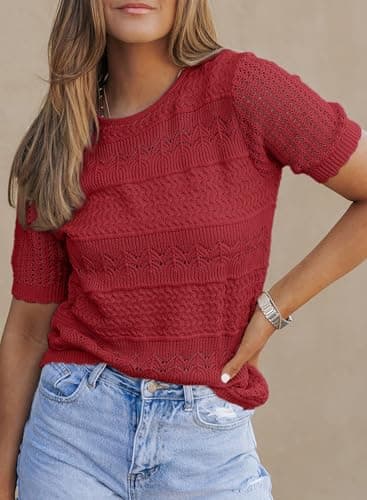 Dokotoo Women's Boho Hollow Out Knit Top Short Sleeve Crew Neck Sweater Cute Crochet Pullover Blouse Red Sweaters XL - Thumbnail 2