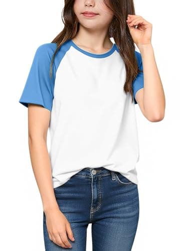 XIZIFLYO Girls Short Sleeve T Shirts Kids Summer Casual Tops Crewneck Color Block Fashion Tees 5-14 Years Sky Blue
