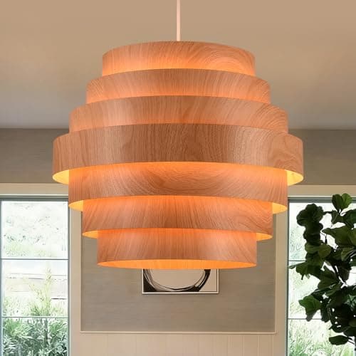 Omgomne Faux Wood Drum Chandelier, 15.8” 7-Tier Boho Farmhouse Pendant Light Fixture, Modern Rustic Ceiling Hanging Lamp for Dining Room Living Room Kitchen Island, E26 Base - Image 1