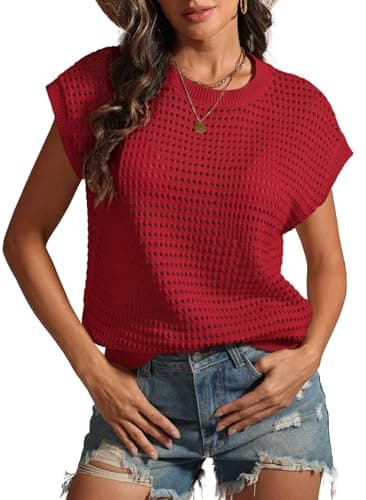 ATHMILE Womens Spring Tops Summer Shirts Beach Vacation Crochet Cap Sleeve Knit Sweater Pullover Cute Fashion Clothes Red - Image 1
