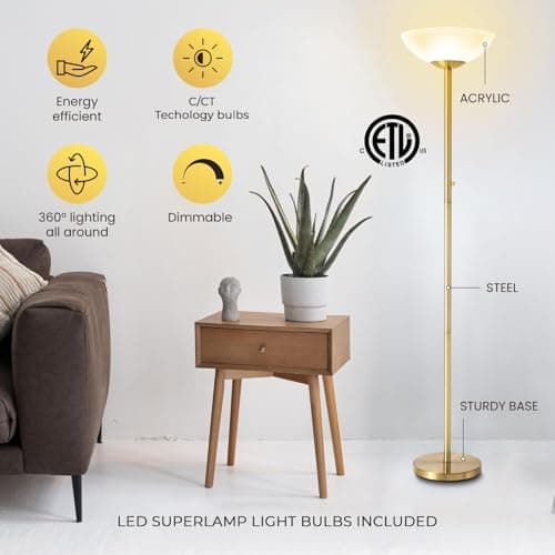 Modern Floor Superlamp 10000 Lumen - LED 75W, Dimmable 5 Changing Color, 85 CRI All Around Light, Tall Corner Standing Lamp with Cement Base and Acrylic Shade, Glare Free UpLight Kit Ready - White - Thumbnail 2