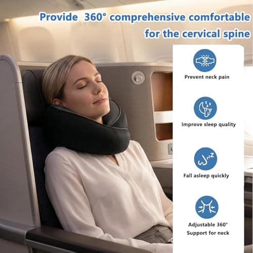 Bely King Travel Neck Pillow for Airplane - 100% Memory Foam 360° Ergonomic Support - Adjustable Velcro, Washable Velvet Cover & Compact Storage Case - Flight Essentials for Sleeping (Black) - Thumbnail 3