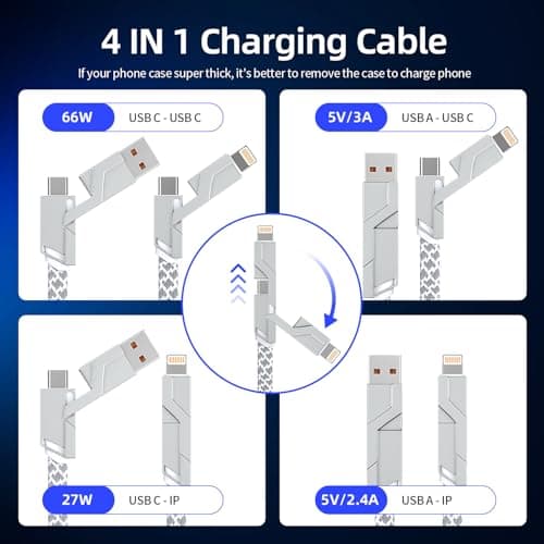 4 in 1 Charging Cable 5FT -MAX 66W Fast Charging Multi Charging Cable for All Devices, USB A/C to C/Lightning Cable Multiple iPhone Charger Cord for iPhone 16/15/14/13/iPad/Android/Tablets and More - Thumbnail 2