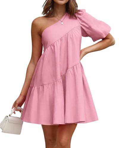 KIRUNDO Summer One Shoulder Mini Baby Doll Dresses Women 2026 Casual Puff Sleeve Loose Tiered A Line Flowy Short Dress(Pink, Small) - Image 1