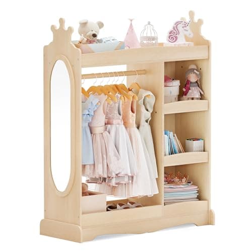 Curipeer Kids Dress up Storage with Mirror, Kids Wardrobe with Storage & 3 Hooks, Kids Closet for Girls Boys, Kids Costume Organizer, Open Hanging Armoire Wardrobe Closet for Bedroom, Natural - Thumbnail 5