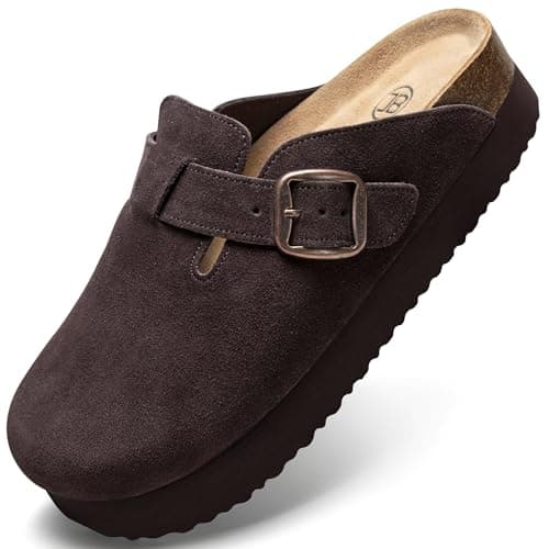 Brelzo Calvior Platform Clogs for Women Arch Support Suede Clogs Soft Mules Potato Shoes Casual Slipper Sandals with Adjustable Buckle, Non-Slip, Dark Brown - Image 1