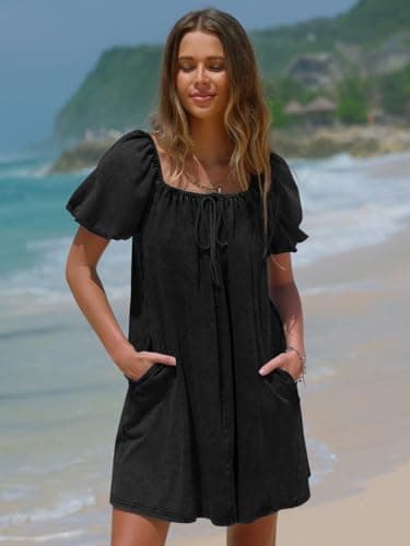 EXLURA Womens Summer Denim Short Puff Sleeve Dresses Knit Loose Plus Size Short Mini Dress 2026 Trendy Spring Outfits - Thumbnail 4