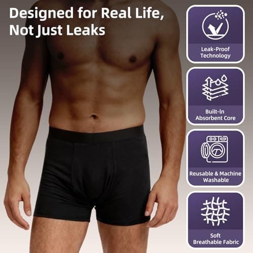 FZJBOR Men's Incontinence Boxer Briefs for Bladder Leakage | Ultra-Absorbent & Leak-Proof | Machine Washable, Reusable Underwear with Odor Control | Blue, Medium, 3-Pack - Thumbnail 3