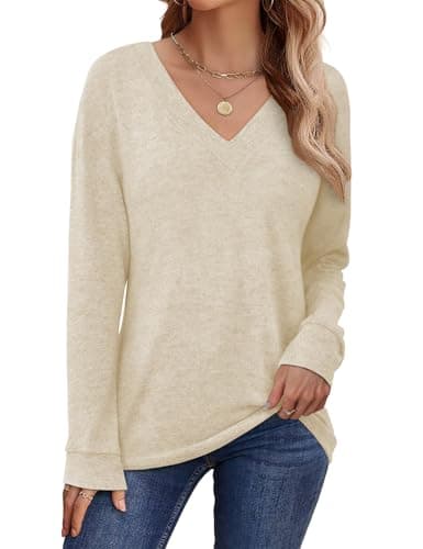 JUSTFASHIONNOW Women's Long Sleeve Tops V Neck Winter Shirts Boutique Tops for Women Trendy Blouses Dressy Casual T Shirts Fashion Winter Clothing (Apricot,Medium) - Thumbnail 4