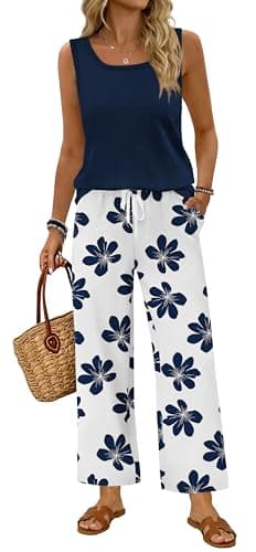 WIHOLL 2 Piece Sets for Women Summer Spring Outfits Cruise Travel Airport Beach Vacation Outfits Trendy Lounge Sets Tank Tops Matching Women Fashion Clothing Wide Leg Pants Set Blue Floral Print S - Image 1