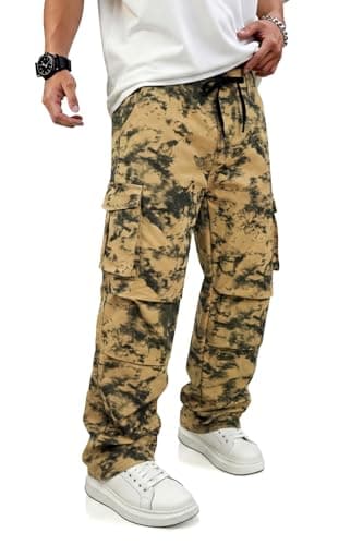 GINGTTO Baggy Cargo Pants Men Brown Camo Wide Leg Fashion Y2K Loose Fit Streetwear Drawstring Stretch 32 - Image 1