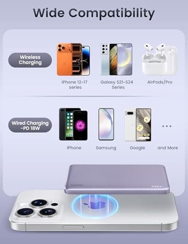 RORRY for Magsafe Portable Charger, [0.3" Ultra Slim] Magnetic Power Bank,[Alloy-Made] 5000mAh Wireless Portable Charger, USB C Battery Pack 18W Fast Charging for iPhone 17/16/15, Violet - Thumbnail 6