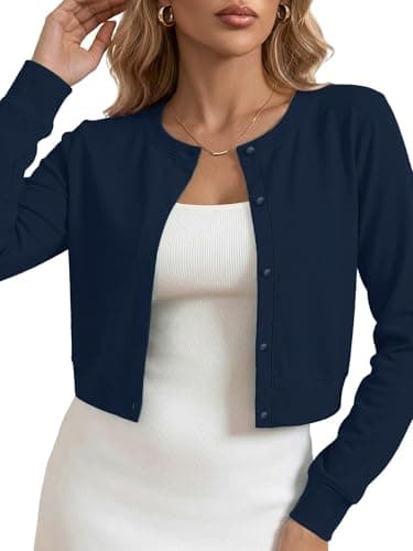 Heymoments Shrugs for Women Navy Blue Large Cropped Lightweight Bolero Cardigan Button Down Long Sleeve Crewneck Casual Ladies Open Front Knit Coat Fall Tops Sweater for Dresses Jean - Image 1