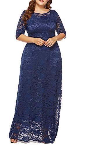 Eternatastic Womens Floral Lace 2/3 Sleeves Maxi Dress Evening Party Long Dress 5XL Deep Blue - Thumbnail 2