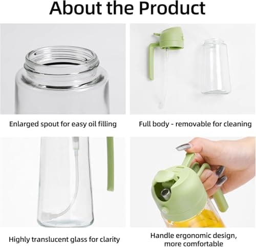 Aovdy 16oz/470ml Glass Olive Oil Sprayer for Cooking - 2 in 1 Olive Oil Dispenser Bottle Spray and Pour for Kitchen Gadgets Cooking Air Fryer Salad BBQ (Green) - Thumbnail 3