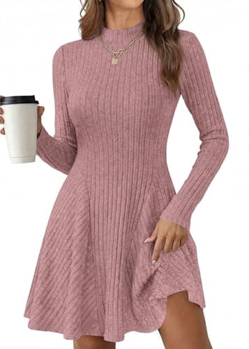 KIRUNDO Sweater Dress for Women 2026 Spring Fall Long Sleeve Mock Turtleneck A Line Fit and Flare Ribbed Knit Short Dresses(Pink, XX-Large) - Image 1