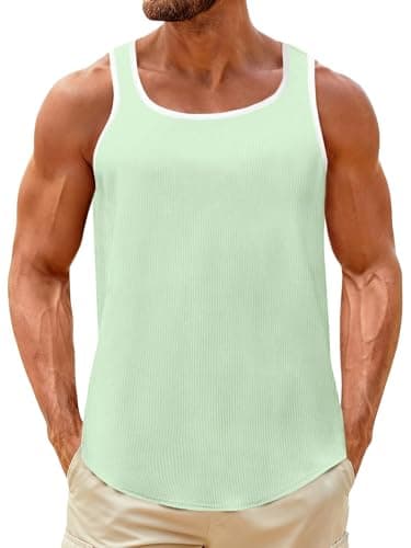 UNCLECAT Mens Sleeveless Tank Tops Workout Muscle Gym Knitted Shirt Athletic Bodybuilding Slim Fit Ribbed T Shirts Light Green - Image 1