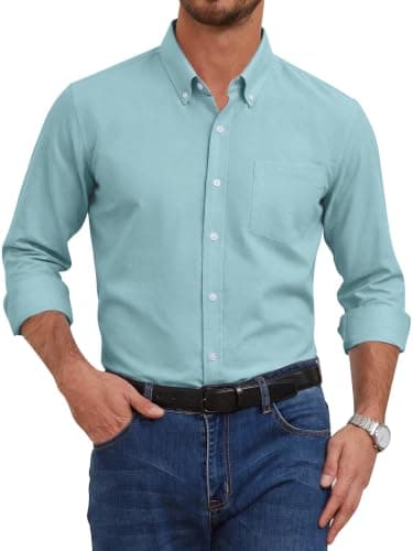 GIANZEN Grade 3.5 Wrinkle-Resistant Men's Pastel Blue Lightweight Oxford Dress Shirts Long Sleeve Business Casual Pocket Shirt Pastel Blue Size XL - Image 1