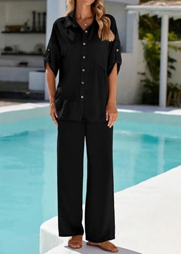 KIRUNDO Two Piece Sets for Women Spring Outfits 2026 Summer Fall Dressy Casual Button Down Shirt Wide Leg Pants Lounge Set(Black, Large) - Thumbnail 3