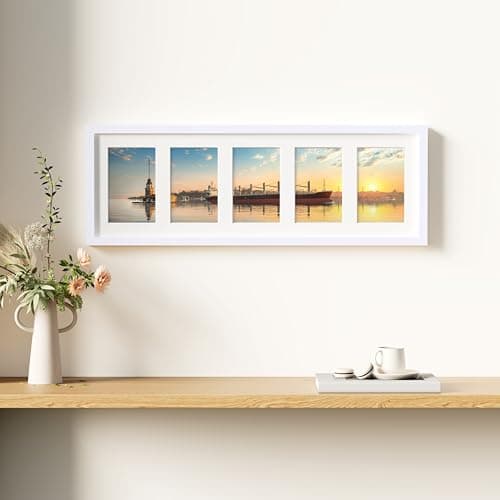 decorUhome 8x24 Picture Frames Collage Wall Decor, Display 5Pcs 4x6 Photos with Mat or 1Pcs 8x24 Unmatted, 5 4x6 Collage Picture Frames for Wall Mounting, White - Thumbnail 3