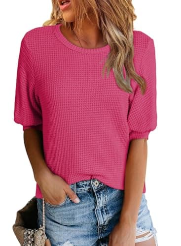 Dokotoo Tops for Women Trendy Fashion 2026 Waffle Knit Bright Pink Blouse Dressy Casual Crew Neck Tee Top Loose Fit Lantern Short Sleeve Blouses Solid Color Cute Summer Tops Small - Image 1
