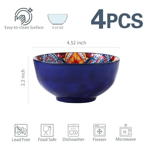 JINNTHE Bohemian Bliss 4.5-Inch Ceramic Bowls, Set of 4 - Colorful Dip Bowls, Salad Bowls, Snack Rice Bowls with Handcrafted Artisan Prints, Dishwasher & Oven Safe - Thumbnail 5