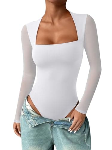 PINKMSTYLE Long Sleeve Mesh Bodysuit for Women Square Neck Going Out Tops Date Night Outfit White XX-Large - Image 1
