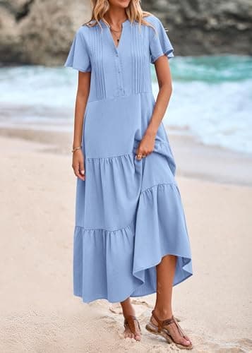 KIRUNDO Summer Maxi Dresses for Women 2026 Spring Fashion Short Sleeve Button V Neck Pleated Loose Tiered Swing Flowy Dress(Light Blue, XX-Large) - Thumbnail 3