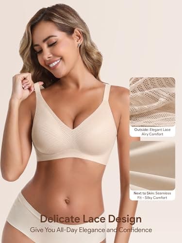 Jelly Wireless Bras for Women Lace V Neck Push up Seamless T Shirt Bra Comfortable No Underwire Bra with Adjustable Straps - Thumbnail 4