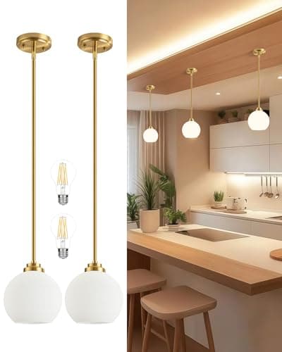 Majade Globe Pendant Lights Mid Century Modern Kitchen Island Pendant Light Fixtures 7.4 Inch Gold Brass Pendant Lighting with Milk Glass Adjustable Hanging Light Fixtures for Dining Room(2 Pack) - Image 1