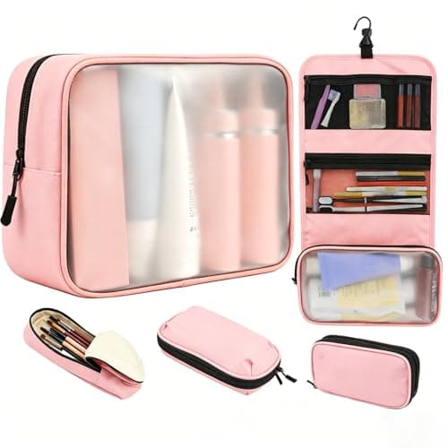 Idcymoul Travel Toiletry Bag 5-Piece Kit, Hanging Toiletries Bag+TSA Approved Cosmetic Bag+Jewelry Bag+ Brush Bag+Cable Bag, Professional Travel Essentials Accessories Organizer for Women- Pink - Image 1